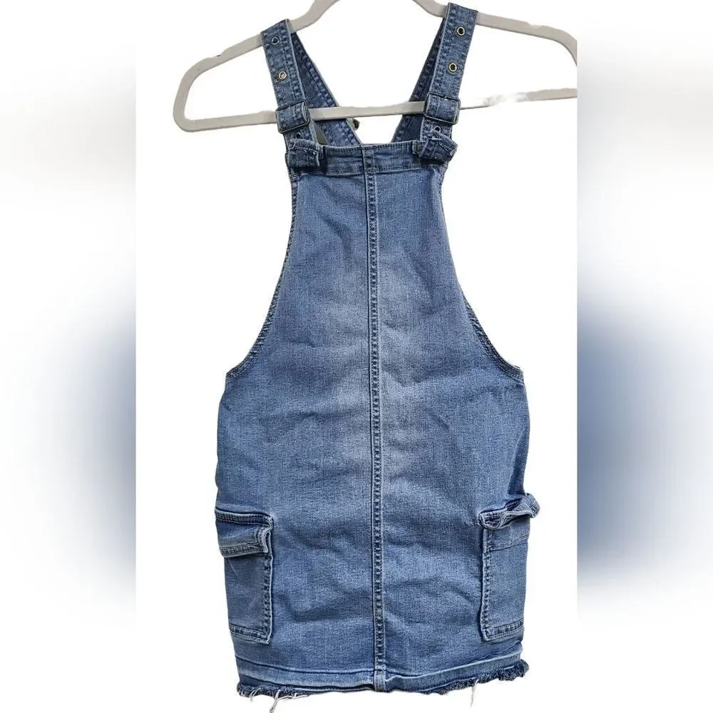 Justice Girls Denim Overall Dress Size 10 Cargo Pockets Raw Hem Jumper Y2K Cool